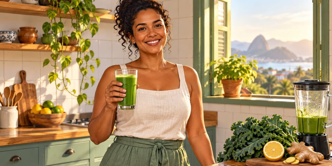 Couve, limão e gengibre batidos no liquidificador compõem um suco verde comum no café da manhã.