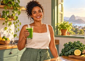 Couve, limão e gengibre batidos no liquidificador compõem um suco verde comum no café da manhã.