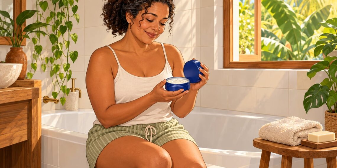 O creme da lata azul forma uma camada oclusiva que reduz a perda de água da pele.