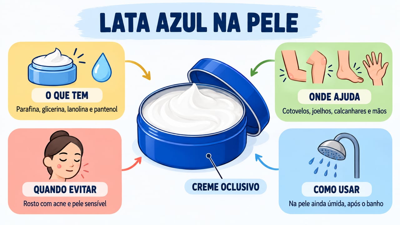 Ingredientes, áreas indicadas, situações de cautela e jeito de aplicar o creme da lata azul.