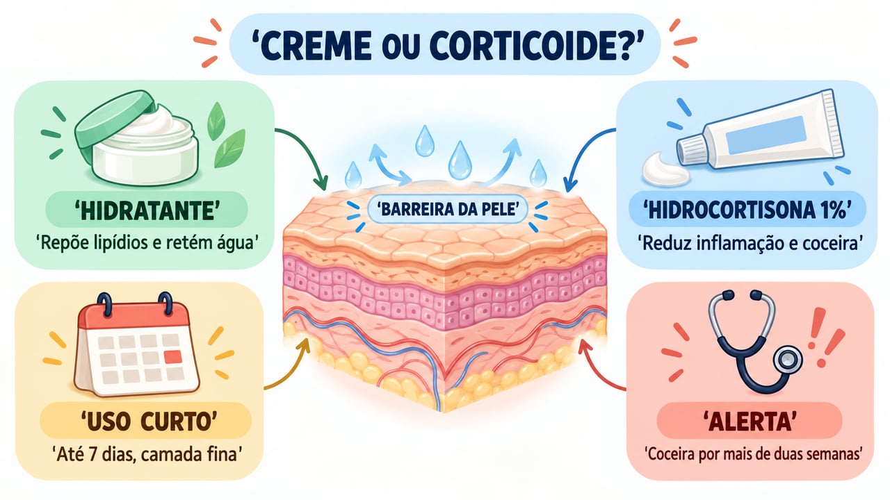 Hidratante, hidrocortisona 1%, uso curto e sinais de alerta orientam a escolha certa para a pele.
