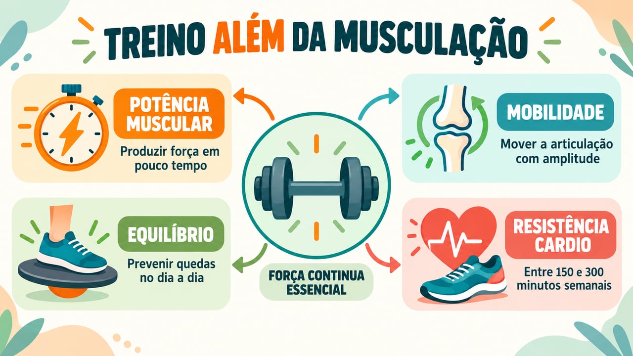 Potência, mobilidade, equilíbrio e resistência cardiovascular completam o treino de força após os 40 anos.