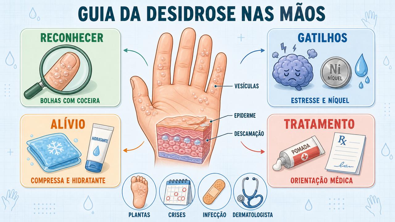Quatro pilares da desidrose: reconhecer os sinais, evitar gatilhos, aliviar a coceira e seguir o tratamento médico.