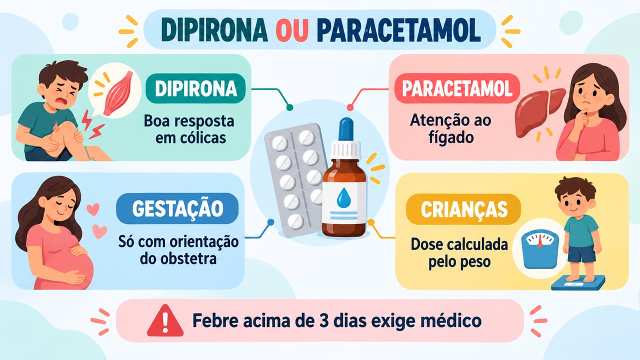 Dipirona e paracetamol comparados: indicação em cólicas, cuidado com o fígado, gestação e dose infantil pelo peso.