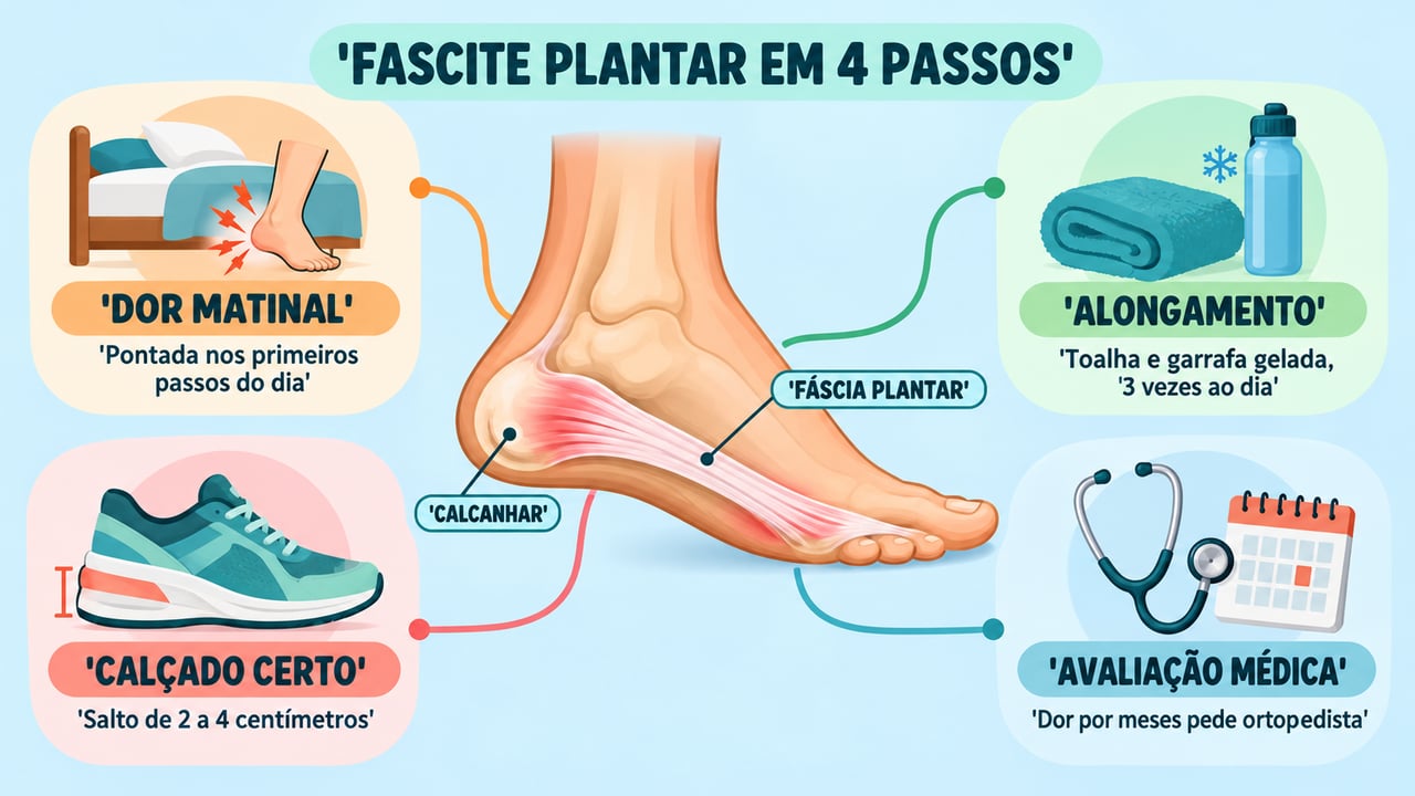 Dor matinal, alongamento, calçado adequado e avaliação médica resumem os quatro pilares do cuidado com a fascite plantar.