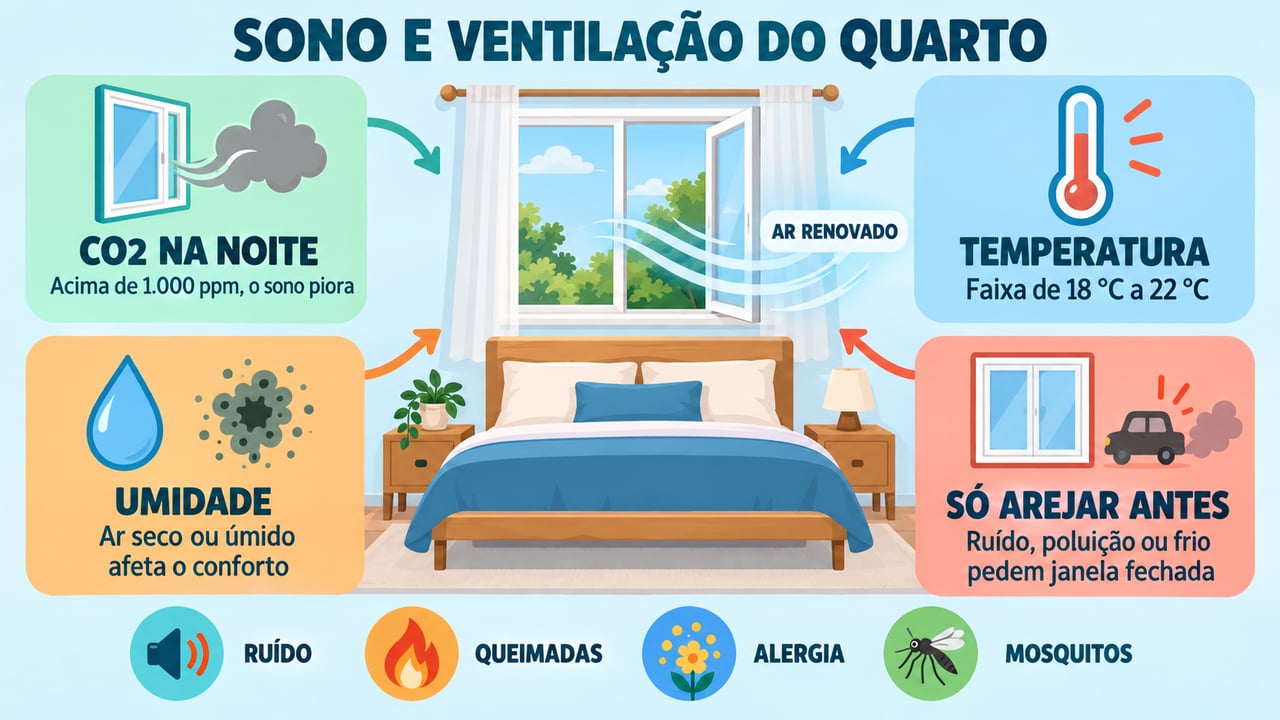 Dióxido de carbono, temperatura, umidade e momento de arejar influenciam a qualidade do sono no quarto.