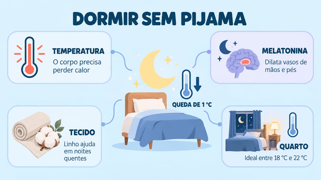 Temperatura corporal, melatonina, tecido e clima do quarto influenciam a qualidade do sono noturno.