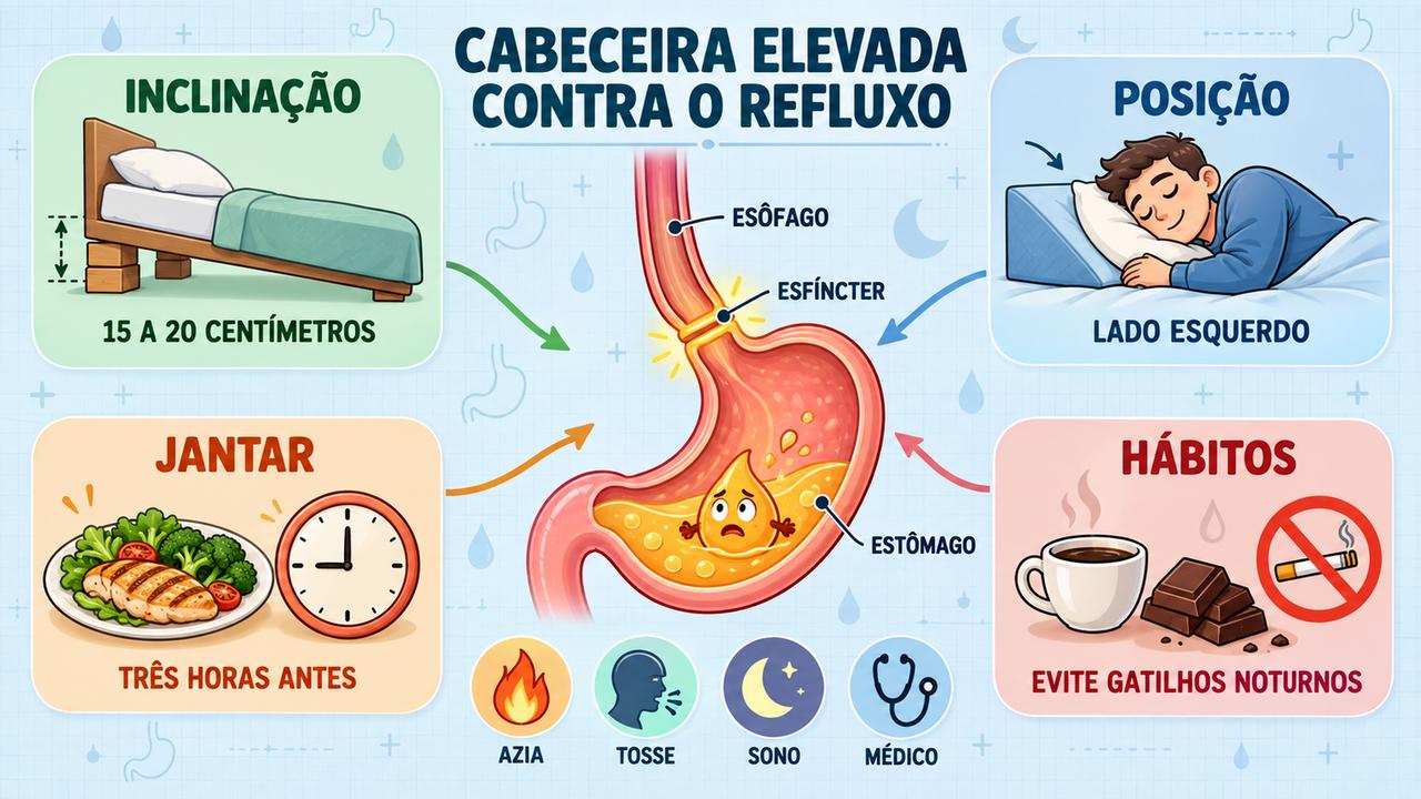 Quatro pilares contra o refluxo noturno: inclinação da cama, lado esquerdo, jantar cedo e bons hábitos.