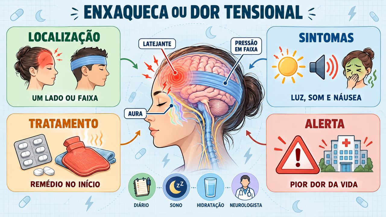 Localização, sintomas, tratamento e sinais de alerta ajudam a distinguir enxaqueca de dor de cabeça tensional.