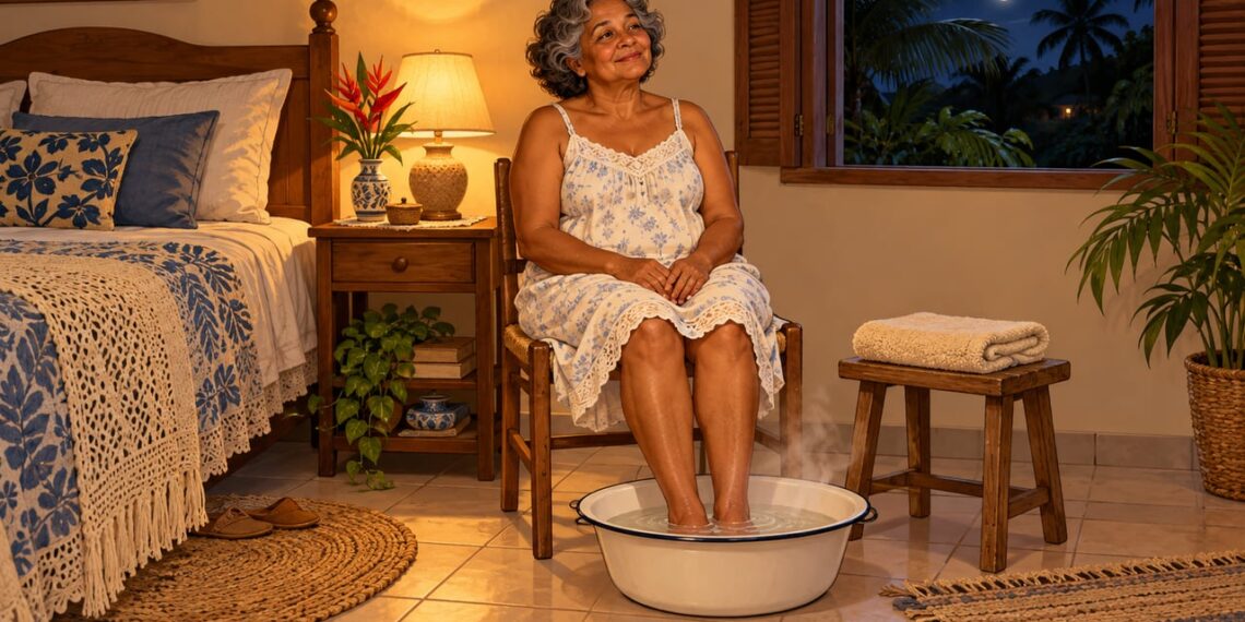 Mulher relaxando com os pés em água morna antes de dormir, ritual noturno simples.