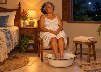 Mulher relaxando com os pés em água morna antes de dormir, ritual noturno simples.