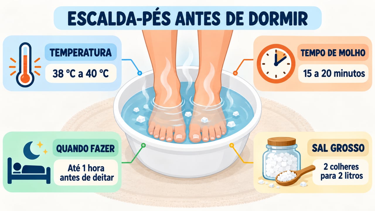 Temperatura de 38 °C a 40 °C, 15 a 20 minutos e sal opcional.