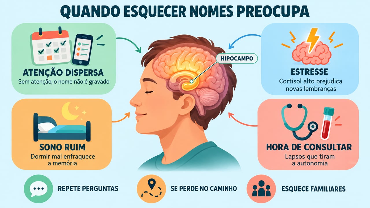 Atenção dispersa, estresse e sono ruim explicam muitos lapsos; alguns sinais pedem consulta médica.