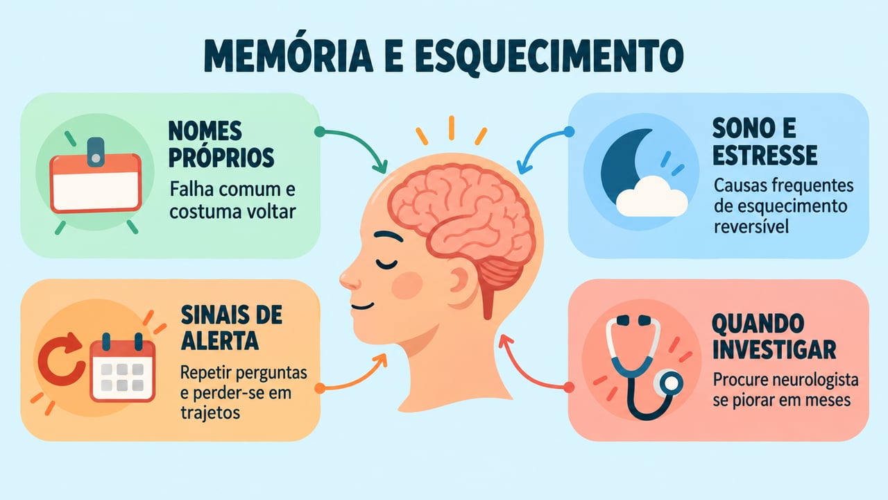 Infográfico resume nomes próprios, sono e estresse, sinais de alerta e quando procurar o neurologista.