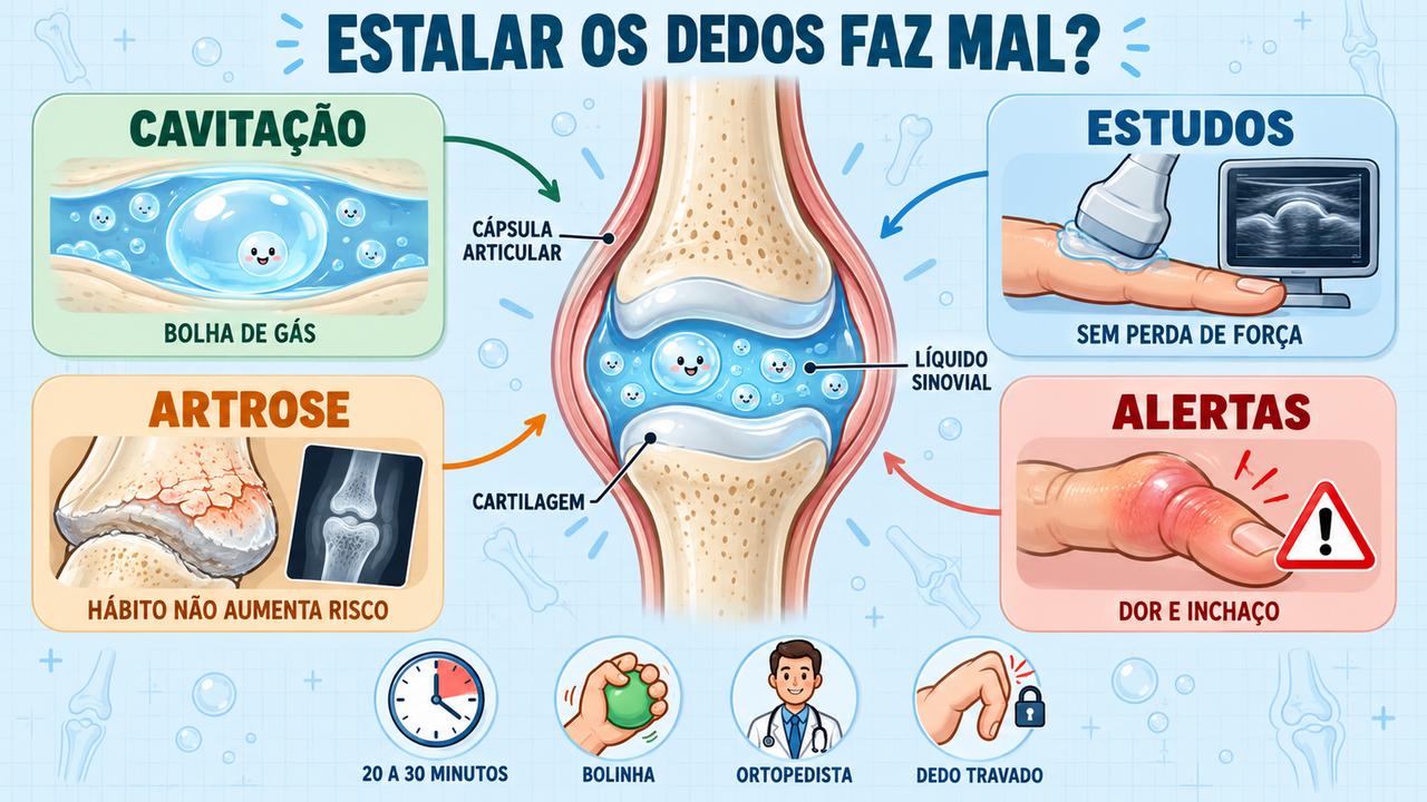 Cavitação, estudos de ultrassom, risco de artrose e sinais de alerta explicam o estalo das articulações.