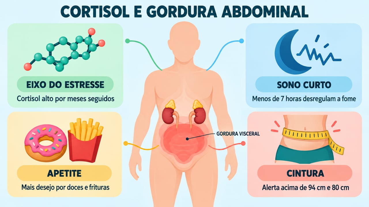 Eixo do estresse, sono curto, apetite aumentado e cintura ampliada explicam a ligação entre cortisol e gordura abdominal.