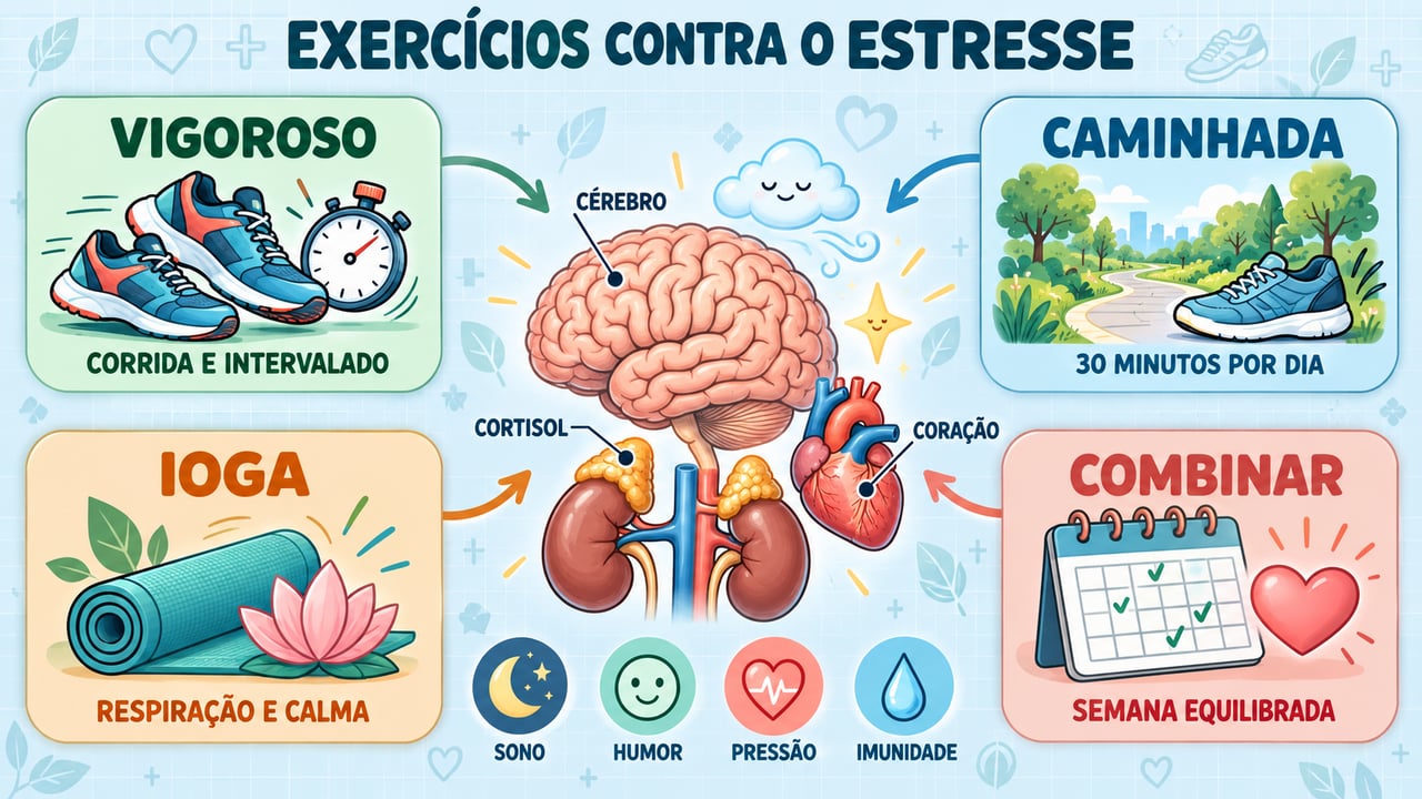 Esforço vigoroso, caminhada, ioga e combinação de intensidades ajudam a reduzir o cortisol e o estresse.
