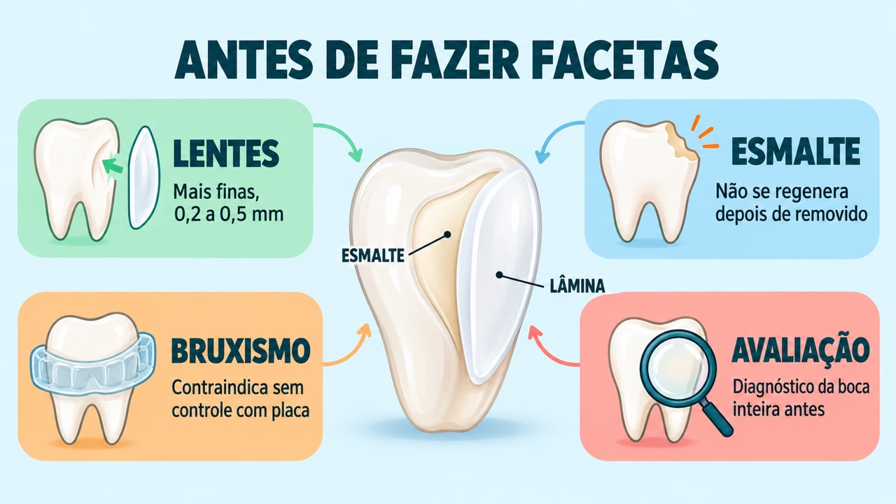 Esmalte que não se regenera, bruxismo, espessura das lentes e avaliação clínica guiam a decisão.