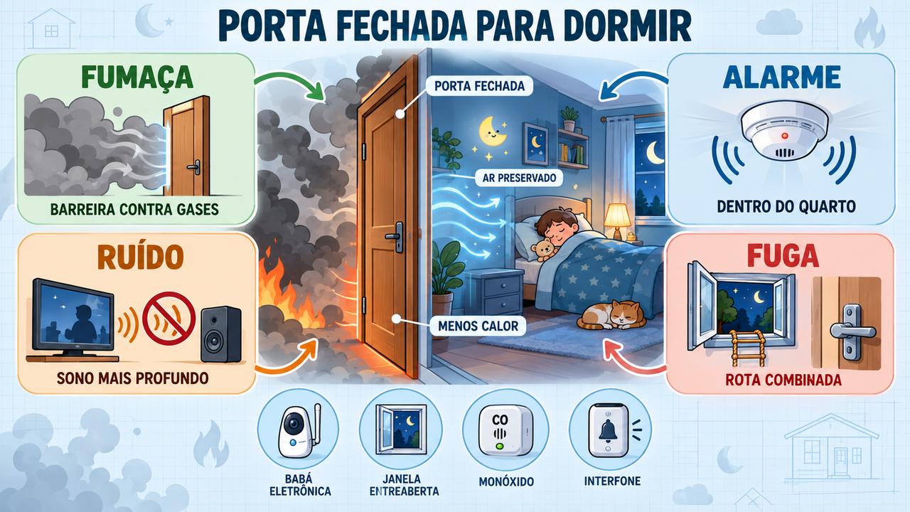 Quatro pilares da porta fechada: barreira contra fumaça, alarme no quarto, menos ruído e rota de fuga.