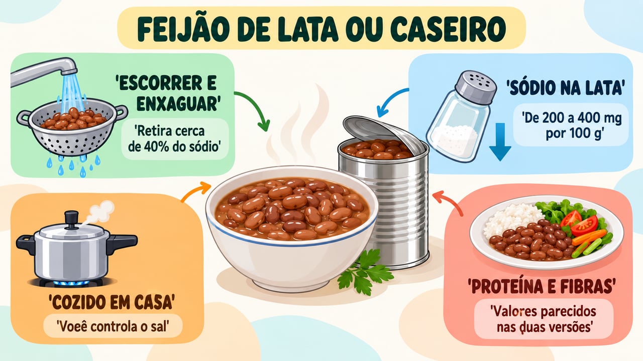 Comparação entre feijão de lata e caseiro: sódio, enxágue, preparo em casa e nutrientes.