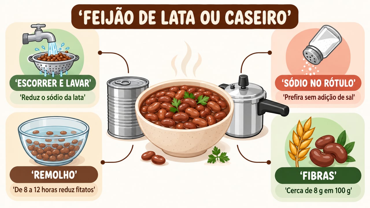 Escorrer, conferir o sódio no rótulo, fazer remolho e valorizar as fibras ajudam a escolher melhor o feijão.