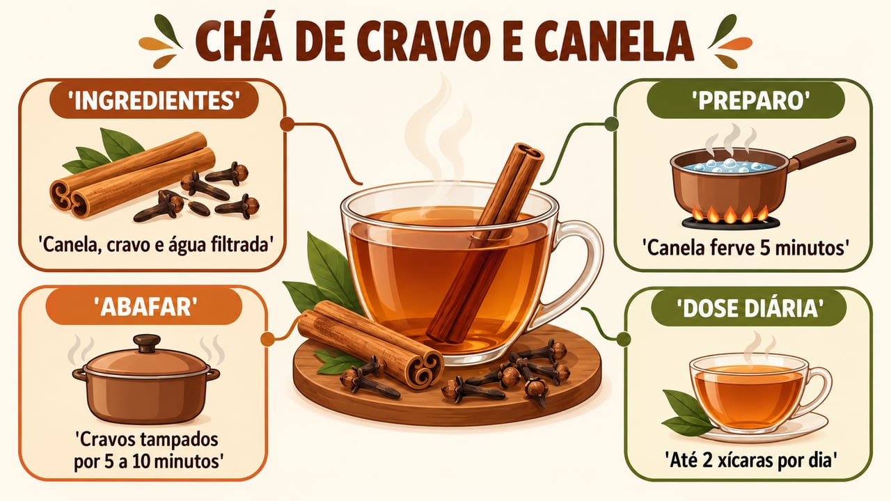 Passo a passo do chá de cravo e canela: ingredientes, fervura, abafamento e dose diária.