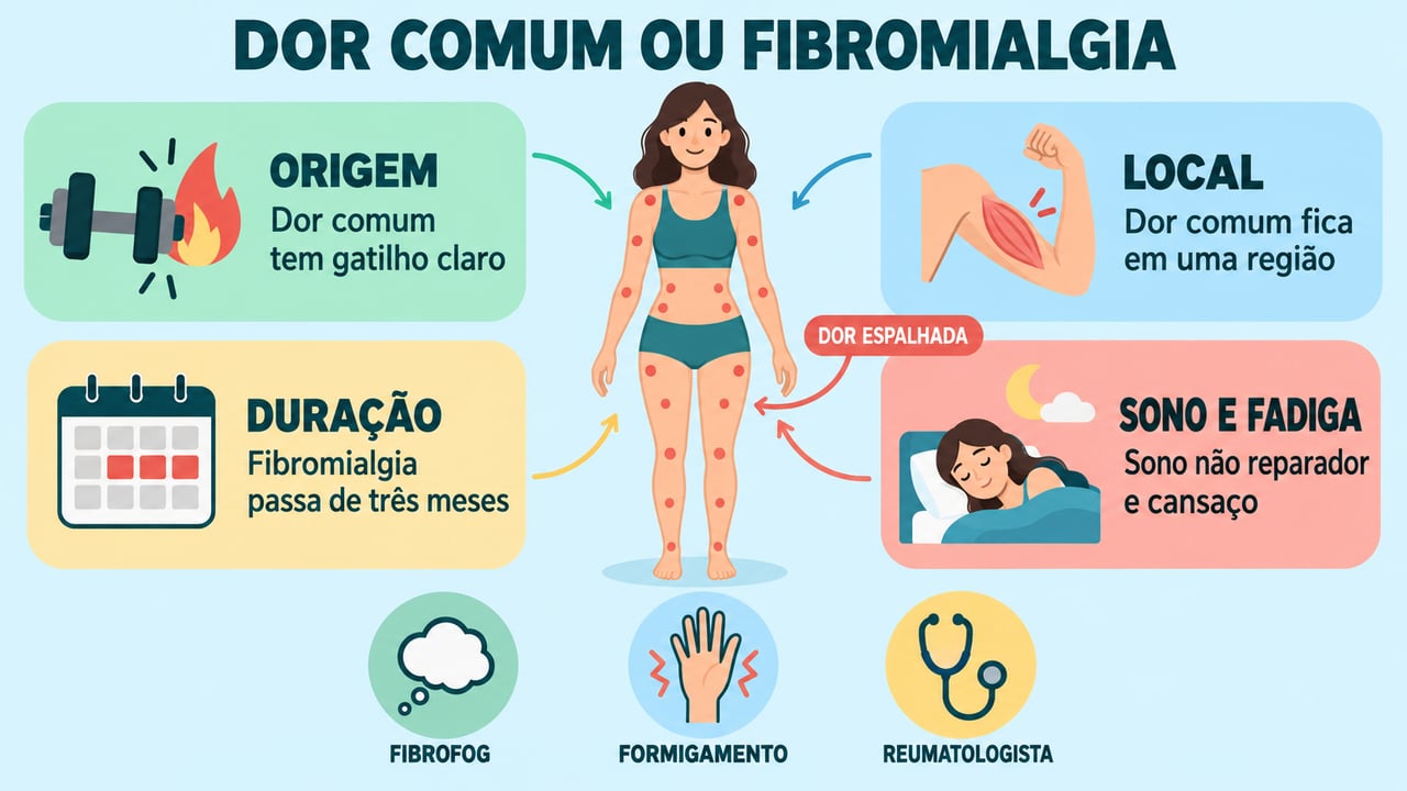 Origem, local, duração e sono ajudam a diferenciar dor muscular comum de fibromialgia.