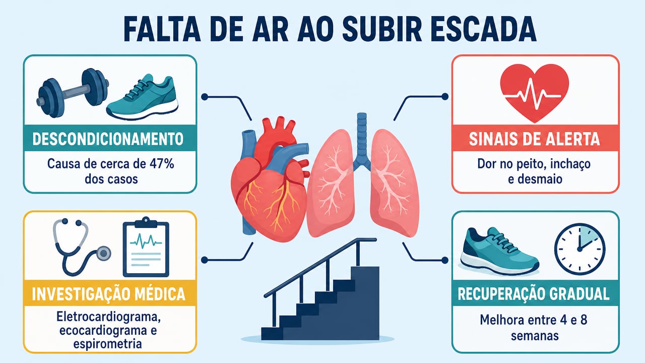 Descondicionamento, sinais de alerta, exames e treino gradual ajudam a entender a falta de ar ao subir escada.