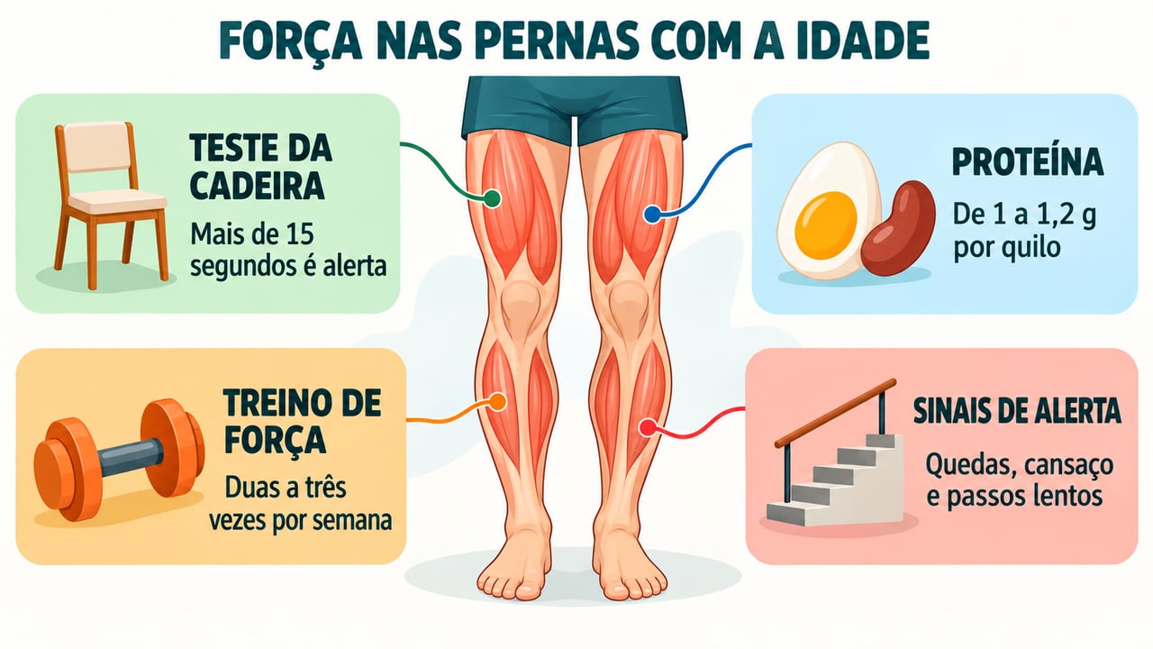 Teste da cadeira, proteína, treino de força e sinais de alerta ajudam a recuperar a força das pernas.
