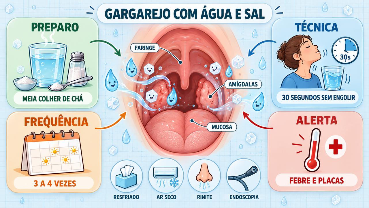 Preparo, técnica, frequência e sinais de alerta: os quatro pilares do gargarejo salino na garganta irritada.