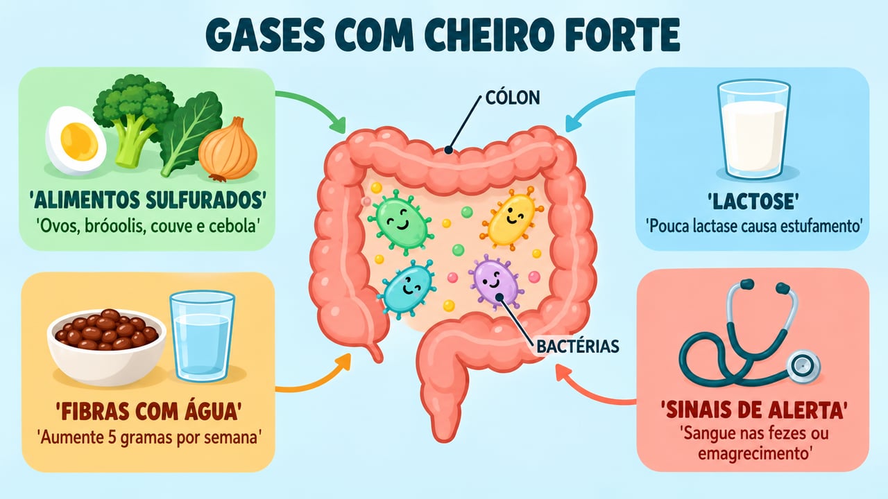Alimentos sulfurados, lactose, fibras com água e sinais de alerta explicam o cheiro dos gases.