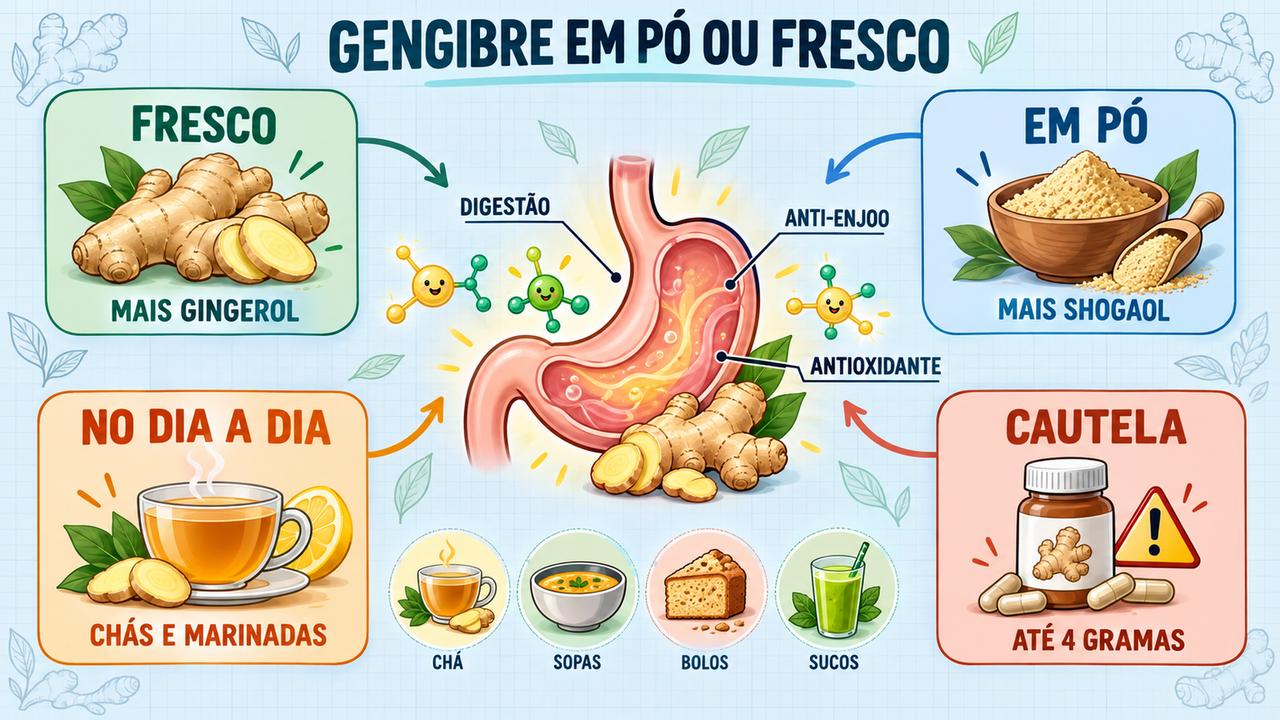 Infográfico compara gengibre fresco e em pó, mostrando usos no dia a dia e cuidados com a dose.