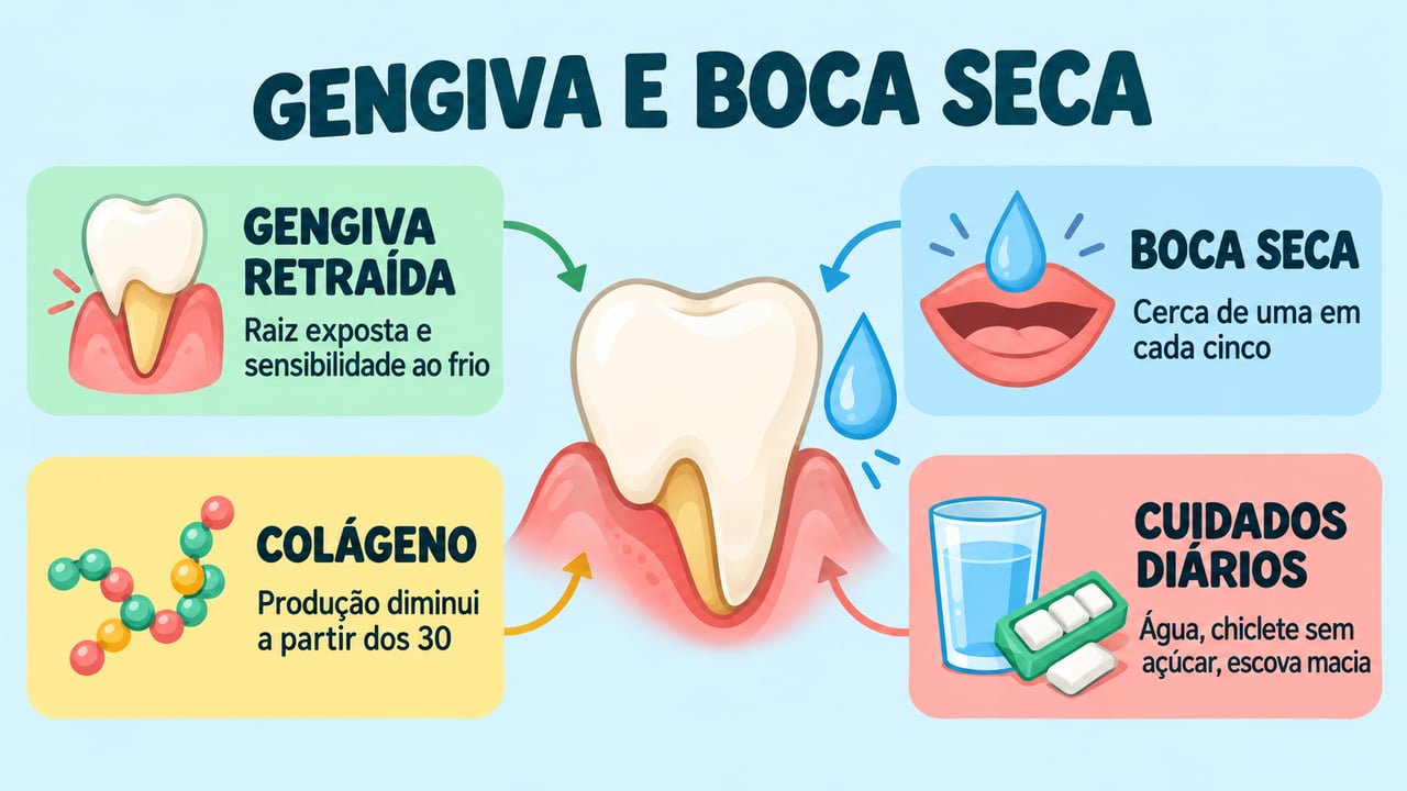 Gengiva retraída, boca seca, colágeno e cuidados diários resumem como a boca muda com a idade.