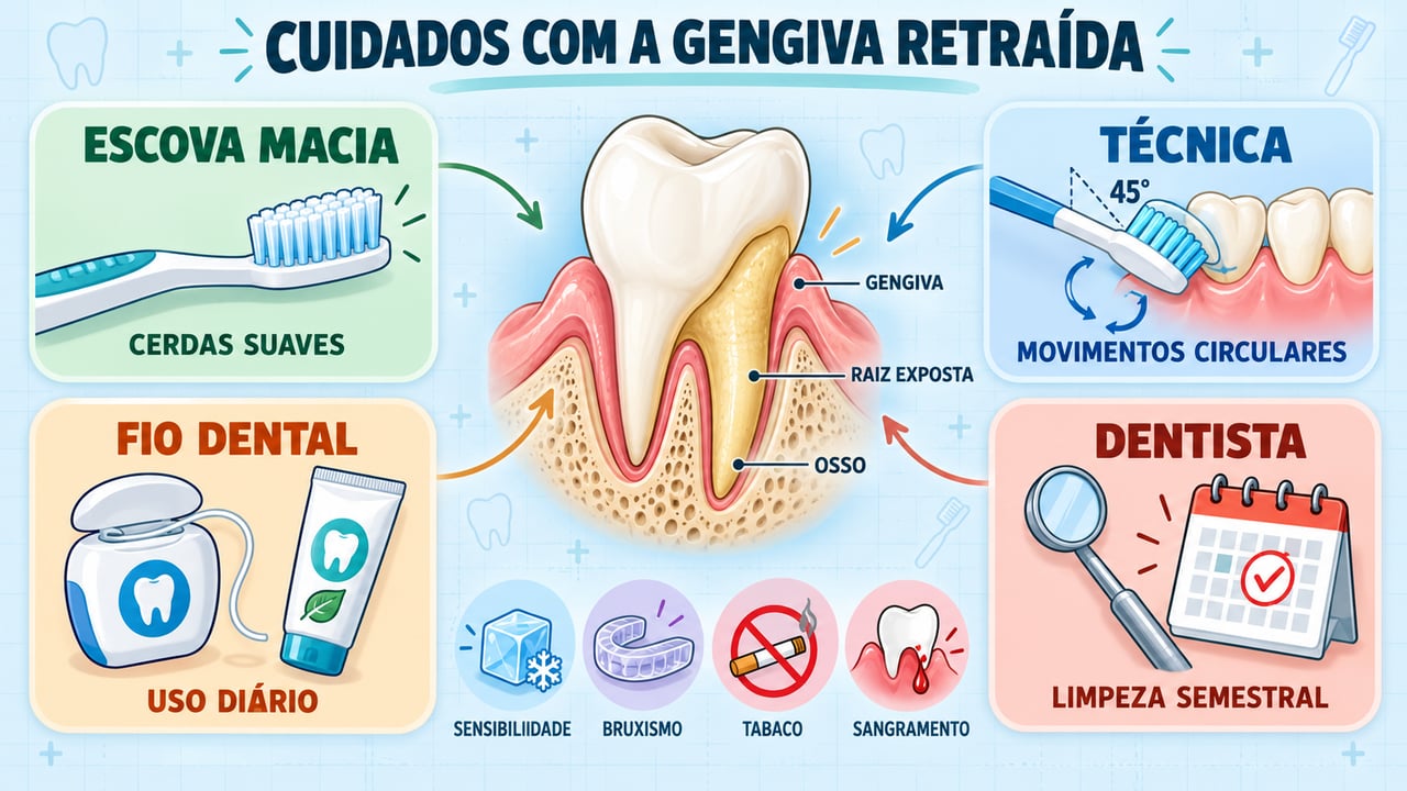 Quatro pilares contra a gengiva retraída: escova macia, técnica correta, fio dental e acompanhamento odontológico.