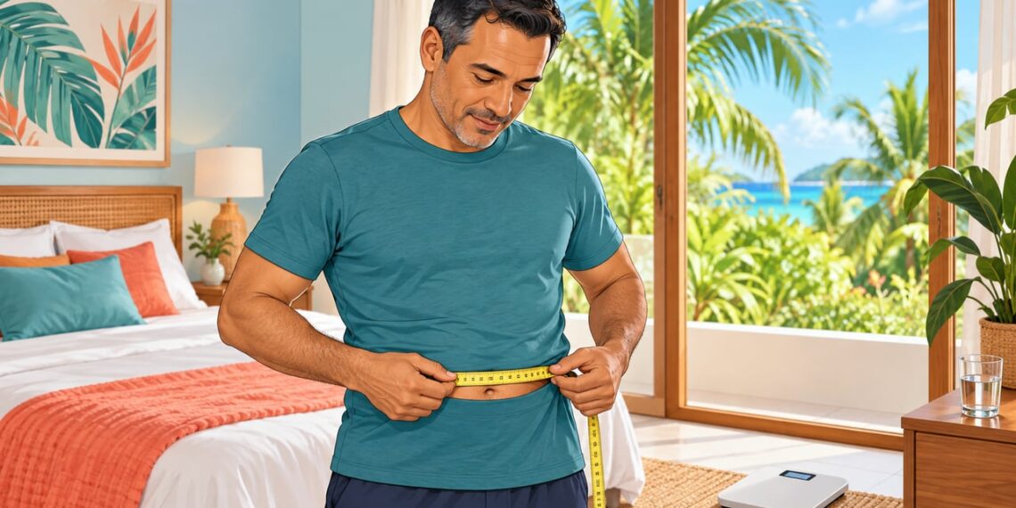 Medir a circunferência abdominal com fita métrica ajuda a estimar a gordura visceral e o risco metabólico.