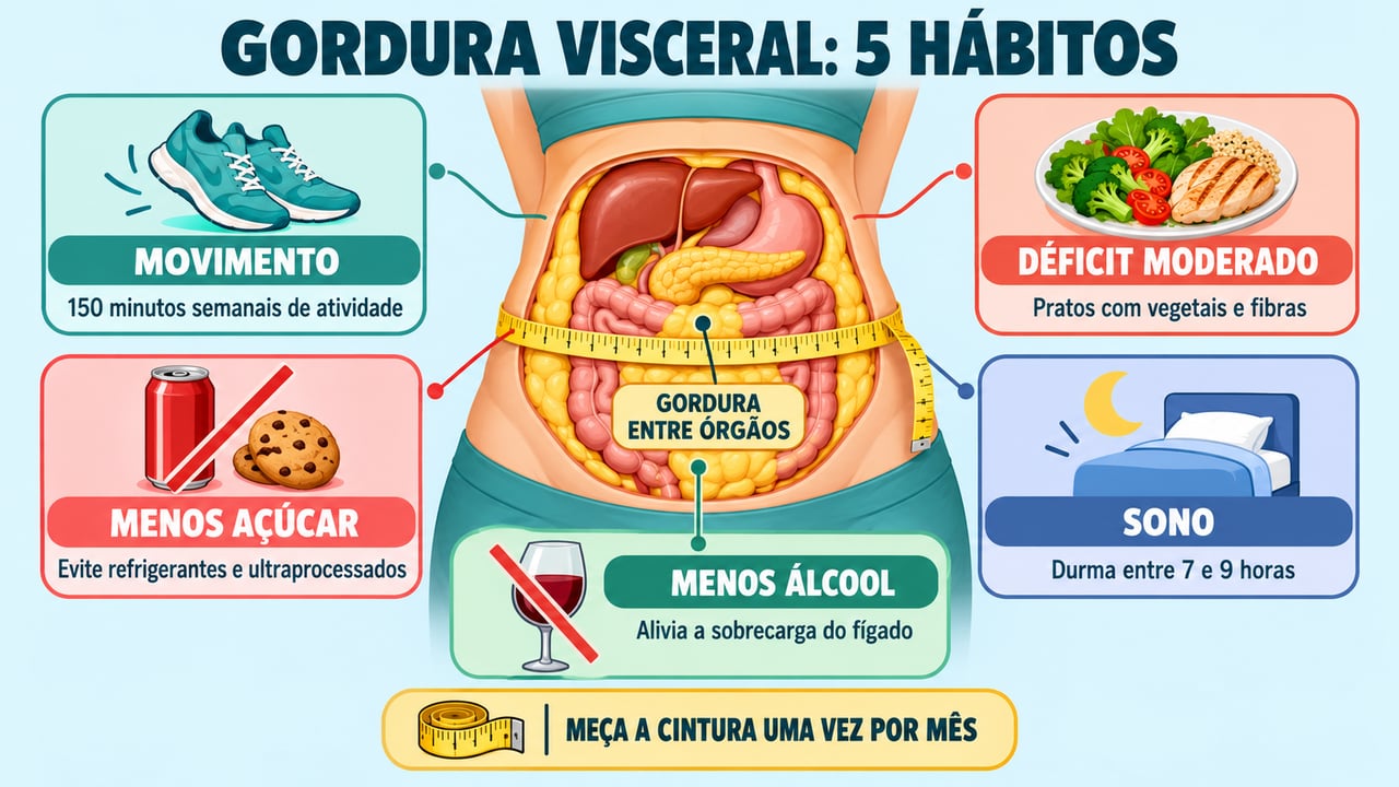 Cinco hábitos contra a gordura visceral: movimento, déficit moderado, menos açúcar, sono adequado e menos álcool.