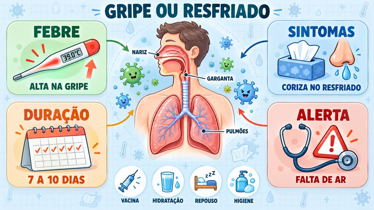 Febre, sintomas nasais, duração e sinais de alerta ajudam a distinguir gripe e resfriado.