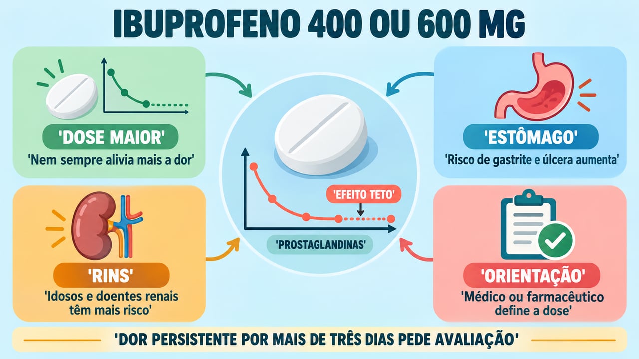 Infográfico mostra o efeito teto do ibuprofeno e os riscos para estômago e rins.
