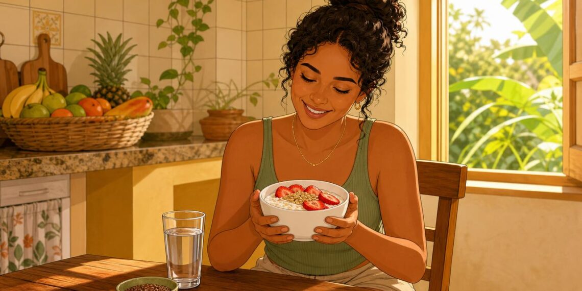 Um pote diário de iogurte natural com aveia e frutas favorece o intestino e a saciedade.