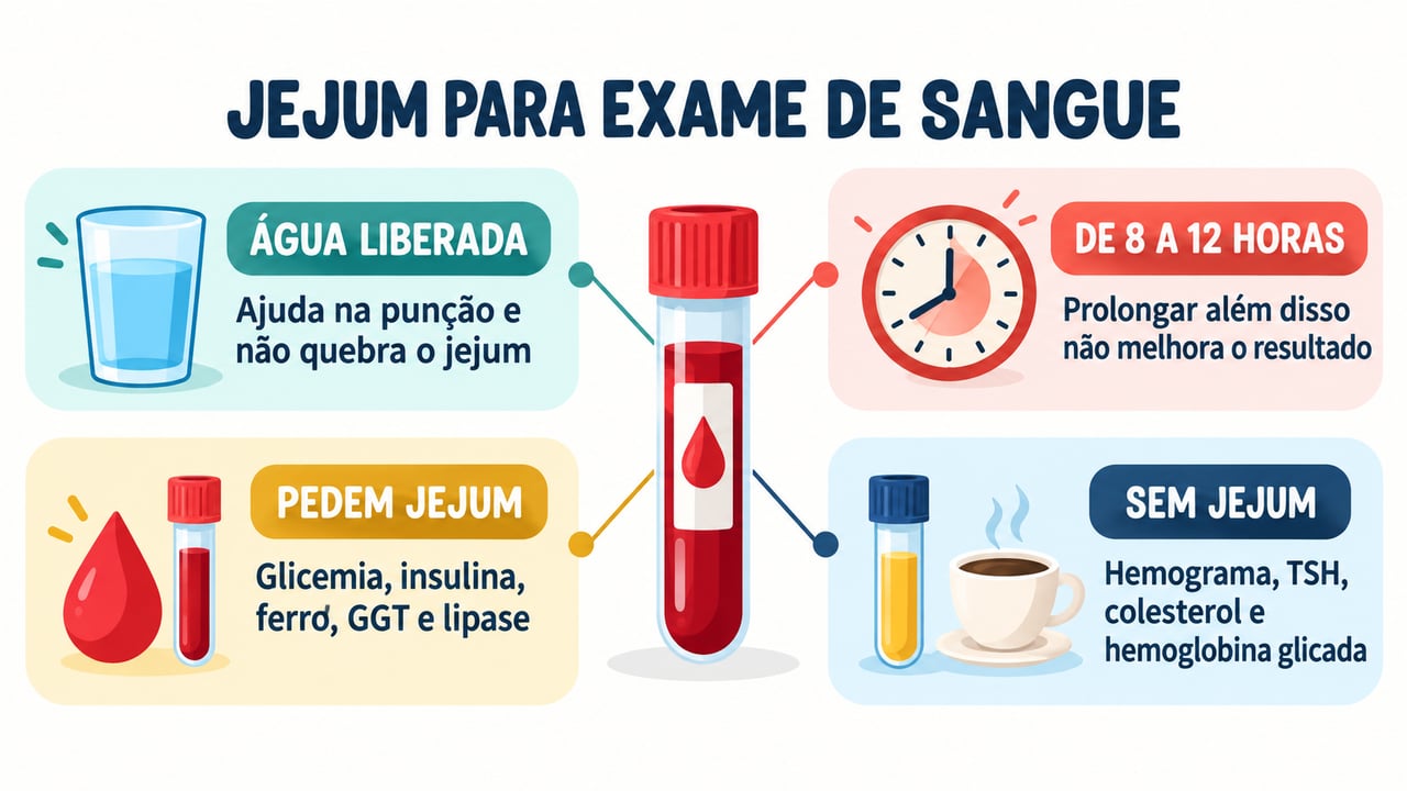 Glicemia, insulina e ferro pedem jejum de 8 a 12 horas; hemograma e TSH dispensam.