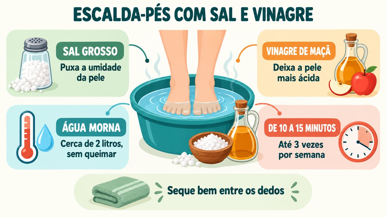 Sal grosso, vinagre de maçã, água morna e tempo certo formam o preparo seguro do escalda-pés.