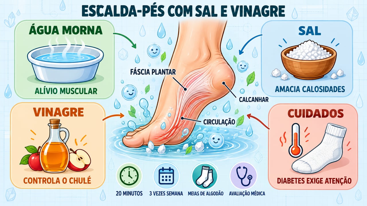 Água morna, sal, vinagre e cuidados com diabetes: os quatro pilares do escalda-pés seguro.