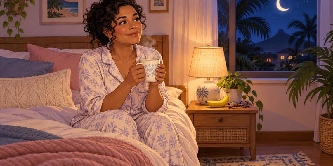 Um copo de leite morno antes de dormir une ritual noturno e nutrientes que favorecem o sono.