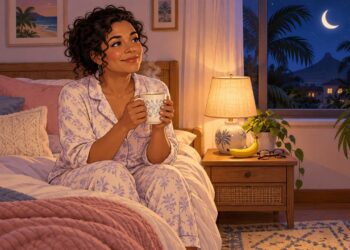 Um copo de leite morno antes de dormir une ritual noturno e nutrientes que favorecem o sono.