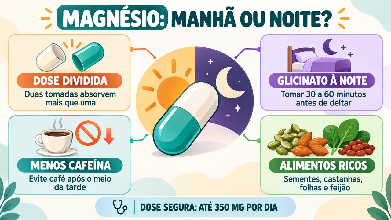 Dose dividida, glicinato à noite, menos cafeína e alimentos ricos ajudam a aproveitar o magnésio.