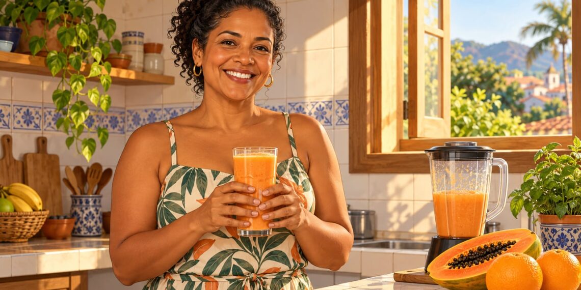 Vitamina de mamão com laranja batida com bagaço ajuda a amolecer as fezes e estimular o intestino.