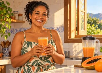 Vitamina de mamão com laranja batida com bagaço ajuda a amolecer as fezes e estimular o intestino.