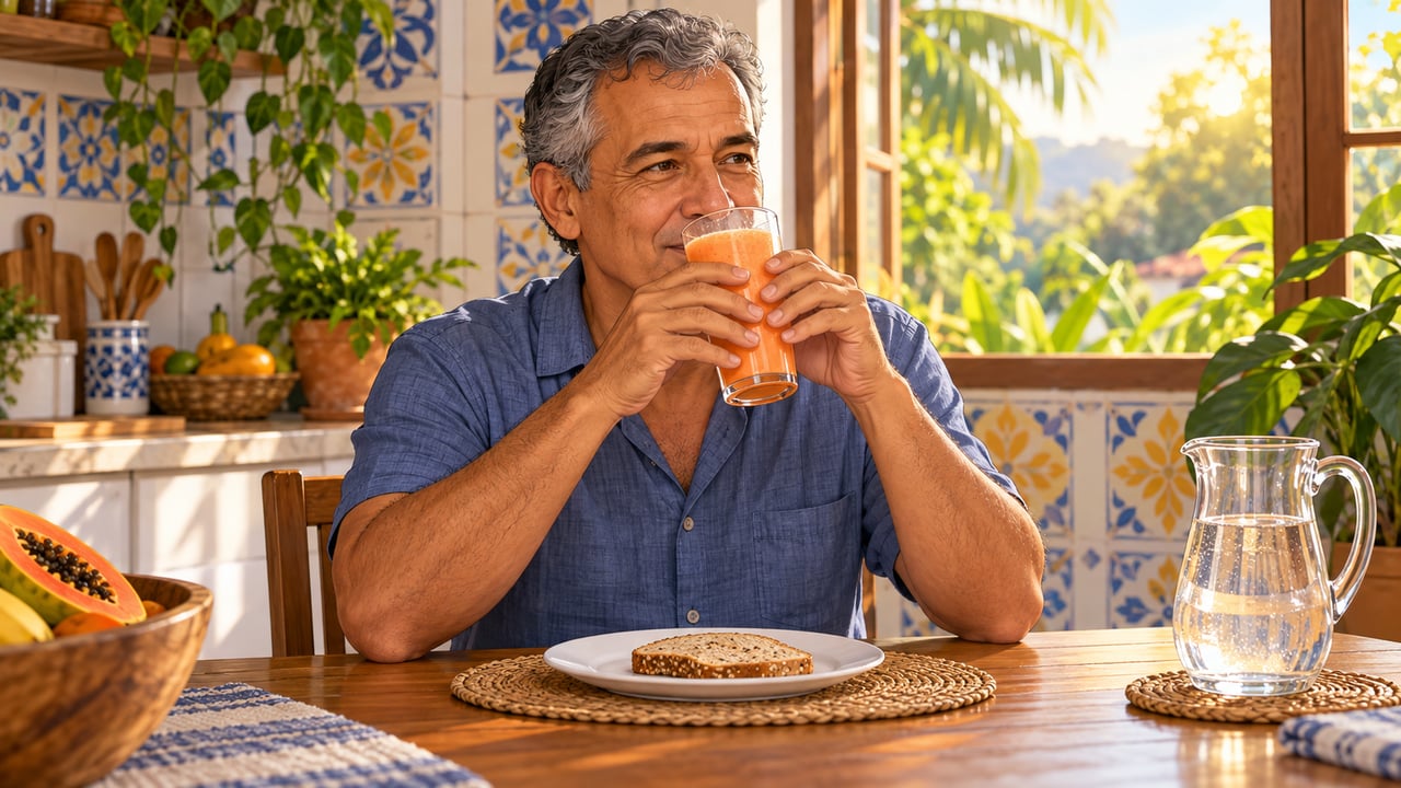 Tomar um copo da vitamina pela manhã, junto do café, aproveita o reflexo gastrocólico do intestino.