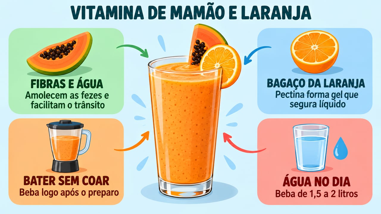 Fibras, pectina da laranja, preparo sem coar e água ao longo do dia sustentam o efeito da vitamina.