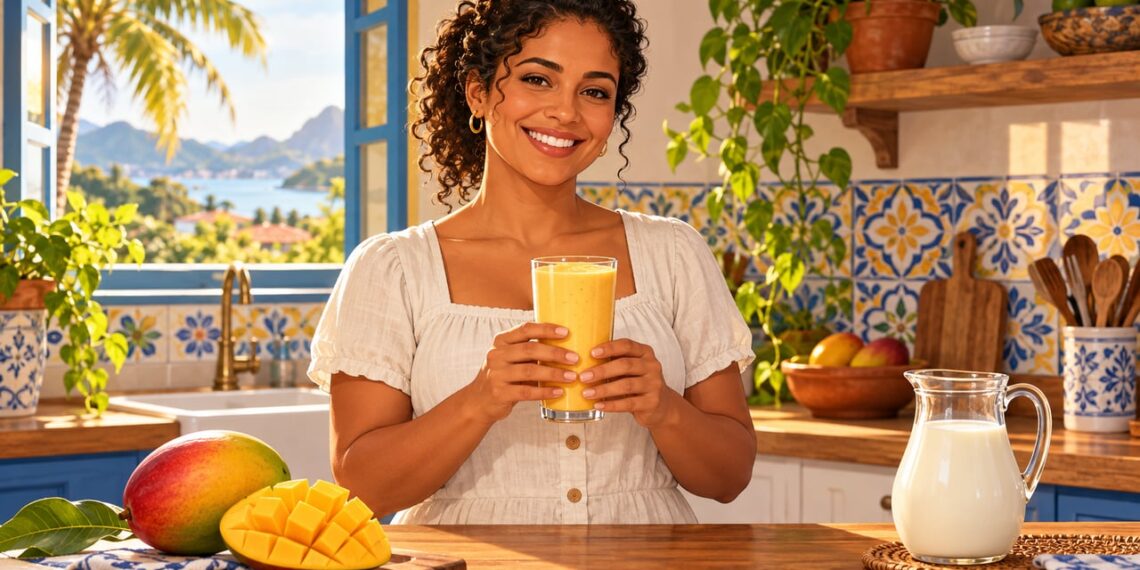 Vitamina de manga com leite, mistura comum nas casas brasileiras, não faz mal para quem tolera bem os ingredientes.
